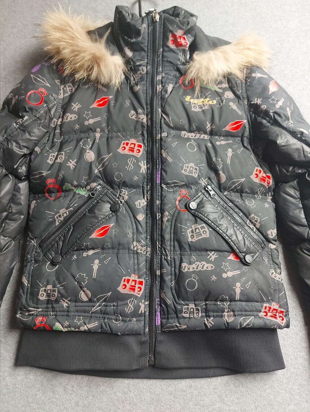 Lotto Leggenda Black Graphic Puffer Jacket Faux Fur Hood Size L - Picture 3 of 13